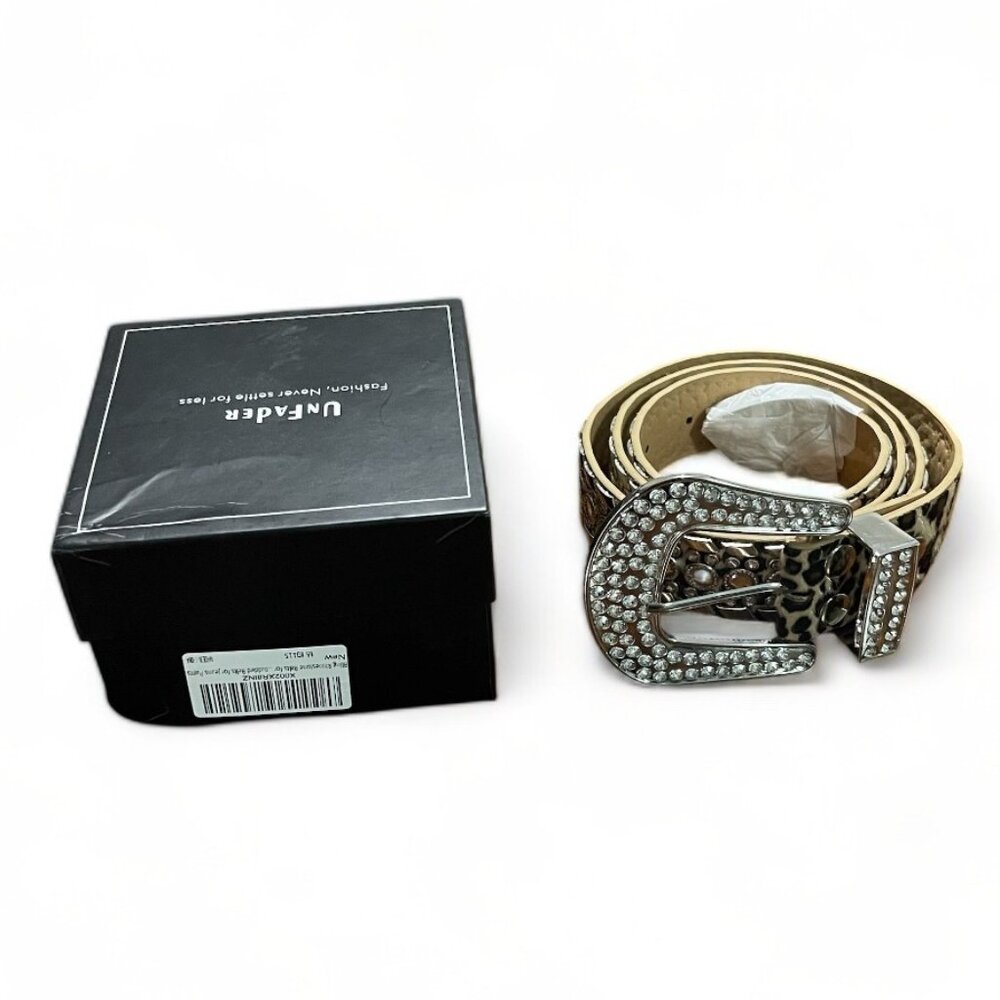 UnFader Leopard Print Rhinestone Buckle Western Belt With Box, New